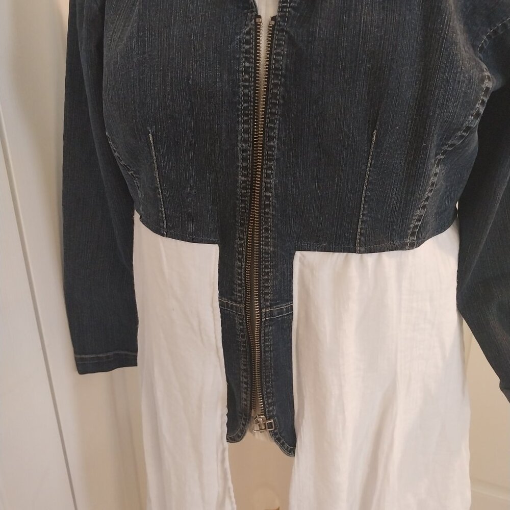 3286 Size Large Jean Tunic Jacket with White Bottom Accent and Lace Accent Back. - Picture 2 of 14